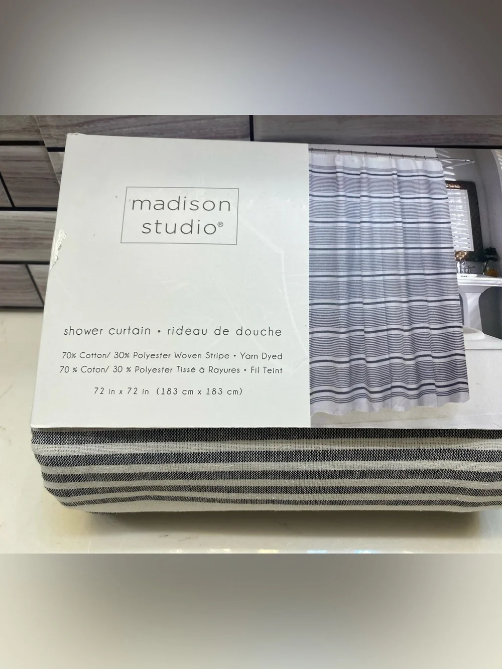 Madison Studio ❤️Stripe Shower Curtain 72”x72” Gray & White NWT